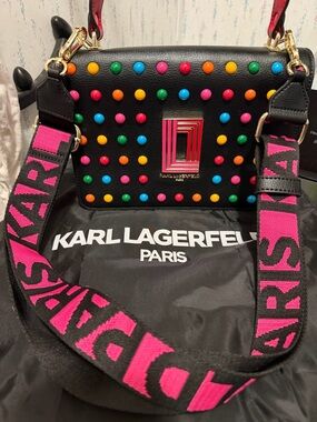 Karl Lagerfeld Black Crossbody Bag with Multicolor Studs and Pink Strap